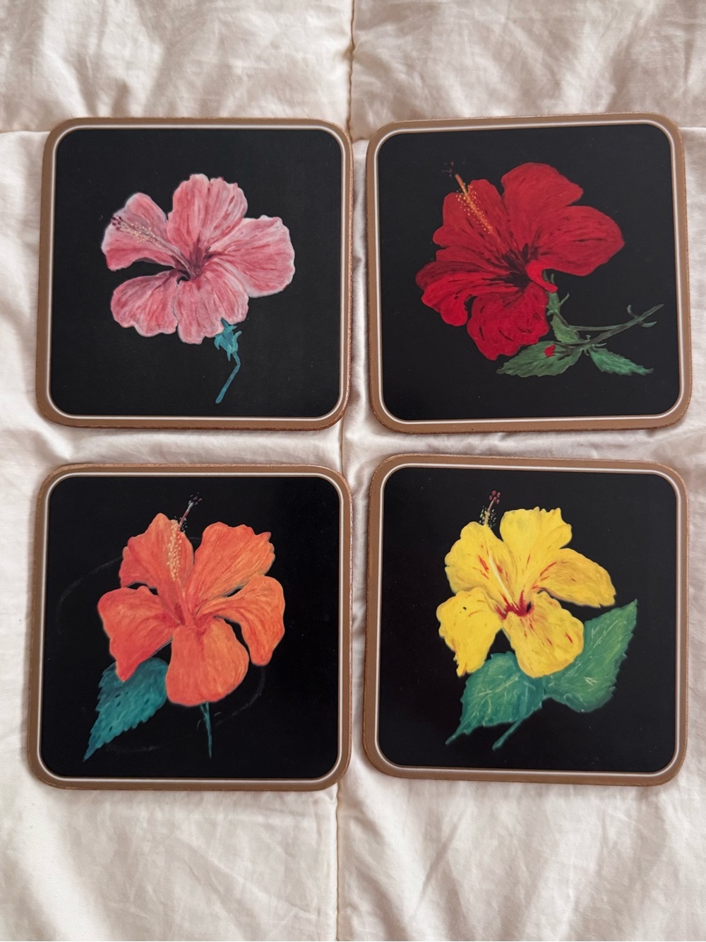 Set of 4 Pimpernel Vintage Hibiscus Floral Coasters - Pink, Red, Orange, Yellow